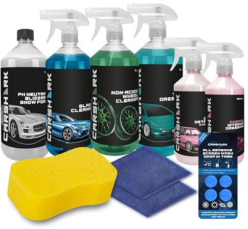 CARSHARK 9-piece Car Cleaning Kit, Snow Foam, Tyre Dressing, Wheel Cleaner, Cherry Interior Dressing, Bubblegum Quick Detailer, Glass Cleaner, Screenwash Tabs, Sponge, 2 x Microfibre Cloths