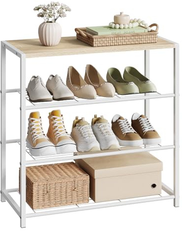 WOLTU Porta Scarpe, Scarpiera con 3 Livelli a Griglia e Struttura in Metallo per Ingresso, Corridoio, Soggiorno, 63x30x63cm, Rovere Chiaro+Bianco