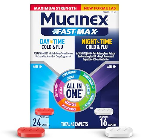 Mucinex Fast-Max Maximum Strength Day & Night Cold and Flu Medicine for Adults, Powerful Over-the-Counter Medication for Cold & Flu Symptoms, Fast Release Caplets, 40 Count