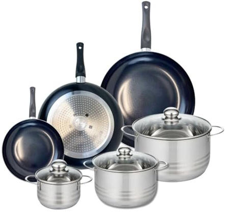 ELO 9748850 Batterie de cuisine 6 pièces, Ensemble de 3 Poêles de cuisson 20, 28 et 32 cm et 3 faitouts 14, 20 et 24 cm Elo Prima Brillant, inox, induction, Noir