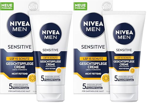 NIVEA MEN Sensitive Gesichtspflege Creme mit LSF 15, 24h Feuchtigkeitscreme für empfindliche Männerhaut, beruhigende Gesichtscreme zur Linderung von Hautirritationen (75 ml) (Packung mit 2)