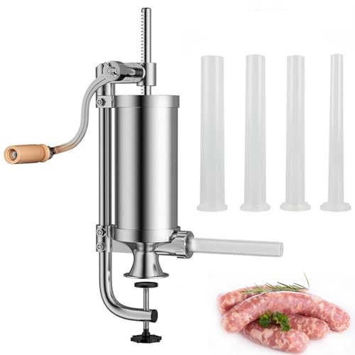 Dynaeuty Insaccatrice Manuale per Salsicce, 2,5 kg, Acciaio Inox, 4 Tubi per Ripieno, Macchina da Cucina