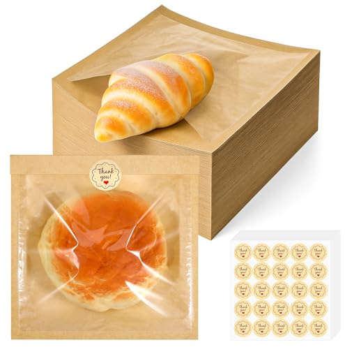 Dimeho 400Pcs Heat Sealable Cookie Bags Grease Resistant Pastry Bag Bakery Bags with Window 7.5x7.1 Inches Bake Sale Sleeves Sandwich Bag with Stickers for Packaging Donut Bread Treat Cake Slice