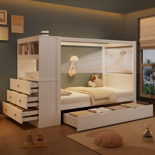 ZYLOYAL10 Einzelbett, Kinderbett mit Fallschutz und Gitter, Holzbett mit Stauraum, Lagerschrank mit 5 Schubladen, Schublade mit Rädern, Reichlich Stauraum, Kiefer+PB, Weiß+Natur, 90x200cm