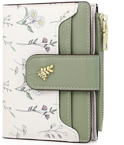 Farcauo Purses for Women Small Ladies Purse RFID Wallet for Women Cute Wallets with Card Holder Green Ladies Kawaii Flower Card Wallets Coin Purse with Credit Card Holder