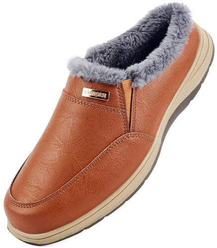 GURGER Zapatillas de Estar por Casa de Hombre Invierno de Cuero Forro Peluche Cálido Zuecos y Mules para Interior y Exterior