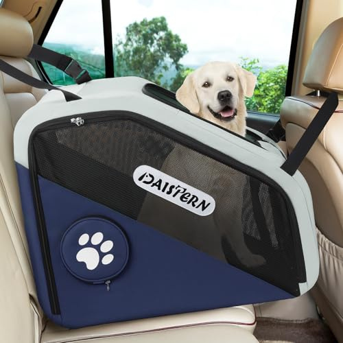 DAISTERN Faltbare Hunde Transportbox für Auto & Reisen, Tragbare Softbox für kleine & mittelgroße Hunde, 1-Minuten-Schnellfold, Robustes Metallgestell, Atmungsaktive Netzfenster & Komfortzugang, Blau