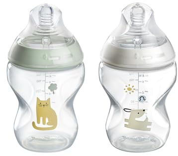 Tommee Tippee Natural Start Baby Bottles for 0m+, Pack of 2, 260ml Baby Bottles, with Slow Flow Breast-Like Teat for a Natural Latch, Self-Sterilising and BPA Free, Decorated