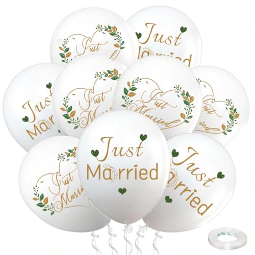 Just Married Wedding Decorations Set, 24pcs Just Married White Balloons with Gold Letters, Wedding Decoration Balloons for Bridal Shower, Marriage, Proposal, Engagement, Honeymoons and Car Decoration