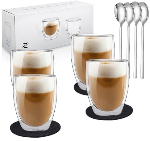 Zobel Latte Macchiato Gläser 350ml | 4er Set doppelwandige Kaffeegläser aus Borosilikatglas inkl. Untersetzer & Löffel | Spülmaschinenfest & hitzebeständig