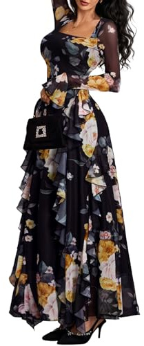 GothDark Square Neck Dress Floral Dress Evening Dresses for Women Valentine Dresses for Women Black Small Fits US Size 4