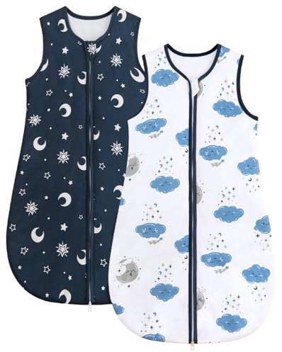 WYTbaby Sacco nanna 1,5 Tog, confezione da 2 pezzi, 100% cotone, caldo per tutto l'anno, per neonati, 36 mesi, Stella blu navy, 0–6 Monate