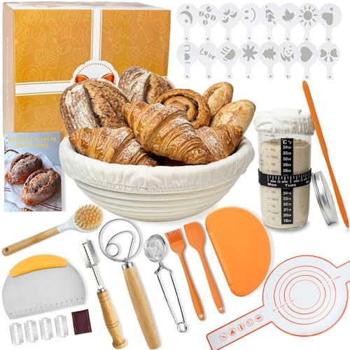 Banetones Para Pan Traje De PanaderíA, 13PCS Traje De Pan Fermentado De Agrio, Juego de cestas de prueba de pan, juego de iniciación de masa madre, tarro de fermentación, accesorios para hornear pan