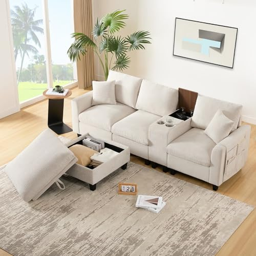 EURHCIO Canape 3 Places,Canapé d'angle avec Repose-Pieds Rangement,avec Console,Porte-gobelets et Port USB,Tissu Velours côtelé,pour Salon,Appartement,Bureau (Beige-B)