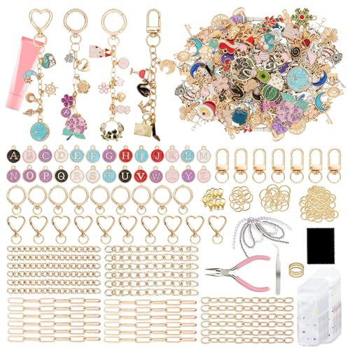 432 delars DIY Nyckelring Kit, 25 Klämmor, 25 Förlängningskedjor, 175 Berlocker, Smyckestång, Komplett Kreativt Set för Nyckelringar och Charm Gåvor