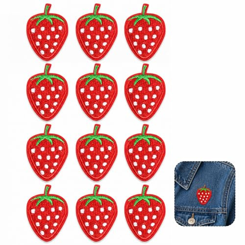 DCYQAIN 12PCS Red Strawberry Iron On Patches, Embroidered Sew On Fabric Appliques, Cute Fruit Decorative Patches for Clothing Jeans Backpacks Hats DIY Crafts