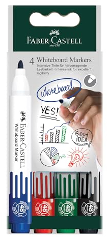 Faber-Castell 253942 - Whiteboard Marker Set W20, 4 Whiteboard Stifte abwischbar, 2,25 mm Rundspitze, nachfüllbar