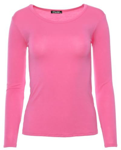 Easy Young Fashion - Damen Basic Rundhals Shirt - Langarm Unterziehshirt - Skinny Fit 1093 - Pink M