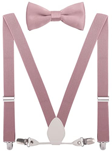 EOAYONY Suspenders for Kids and Bowtie Set Leather Elastic for Wedding Mauve Blush Pink 30''