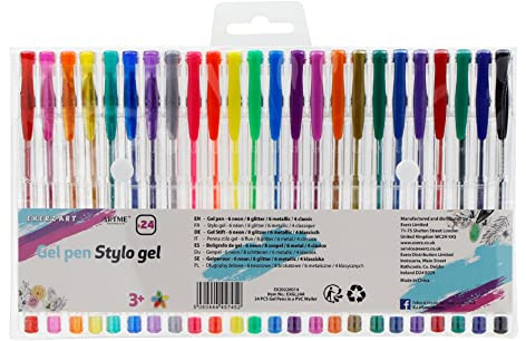 EXERZ Lot De 24 Stylos Gel Couleur Arc-En-Ciel Arts Et Artisanat - Stylos À Bille À Encre Fine, Couleurs Vives, Fluides, Paillettes, Néon, Métalliques Et Classiques.