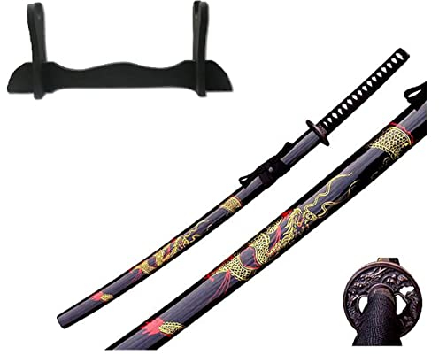 Drachen Katana Schwert scharf echt zum Training Metall Dazu der Ständer Stahl 1060 Samurai 100% Handarbeit nur für Erwachsene - 18 Jahre erforderlich 4KM91-409BKA