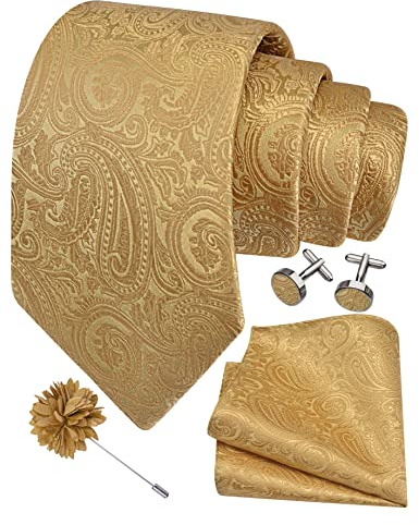 GUSLESON Mens Gold Tie for Wedding Solid Silk Paisley Yellow Necktie Pocket Square Cufflinks and Lapel Pin Brooch Set (6103-17)
