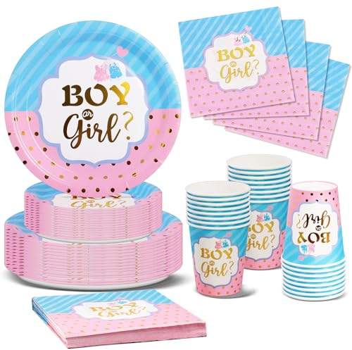 Nkaiso Gender Reveal Party Piatti, 96Pezzi Blu e Rosa Baby Shower Stoviglie per Feste, Gender Reveal Supplies per Piatti Bicchieri Tovaglioli Feste Compleanno Decorazioni -24 Ospiti