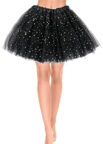 Yolev Gonna in Tulle da Donna Gonna in Tulle a 3 Strati con Stelle in Paillettes Gonna Tutu per Adolescenti per Adulti Donna Ragazza Retro Anni '80 Festa di Carnevale di Halloween Costume (Nero)