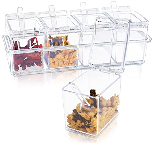 SHAIDOJIO Botes Especias Transparente, Frascos Especiarias de 4 Piezas, Botes para Especias Cocina de Plástico con Tapa y Cuchara, Botes para Especias Bote Especias para Especias Sal Azúcar