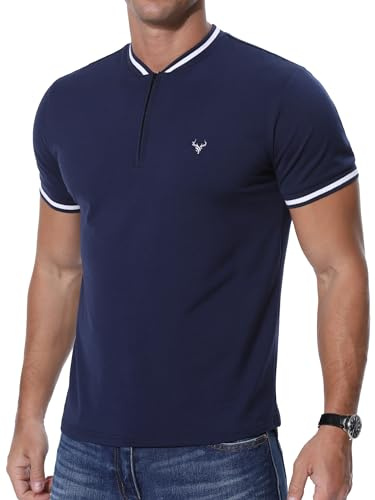 KUYIGO Henley T-Shirt zippé à Manches Courtes pour Homme Motif tête de cerf Coupe ajustée, Bleu Marine, S