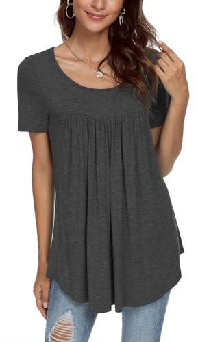 CATHY Womens Casual Short Sleeve Tunic Tops Loose Comfy Summer Blouse Hide Belly Shirts, XL, Dark Gray