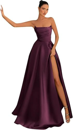 Neejafrog Abiti da Ballo in Raso Senza Spalline da Donna Senza Maniche A Line Corset Ball Gown Abiti da Festa da Sera con Spacco Lungo
