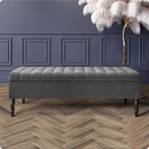 90cm Wide Safar Ottoman Storage Bench, Plush Velvet Shoe Bench with Storage, Velvet Footstool, Lined Upholstered Coffee Table, End of Bed Bench, Hallway Bench (Dark Grey Velvet, 3ft (90x40x40) CM)