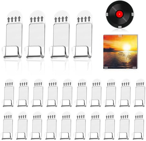 KASESSS Lot de 24 Pièces Accroche Vinyle Mural Petit, Support en Acrylique, Porte Autocollant, Etagère sans Percer Transparente pour Disque Vinyle, CD et DVD
