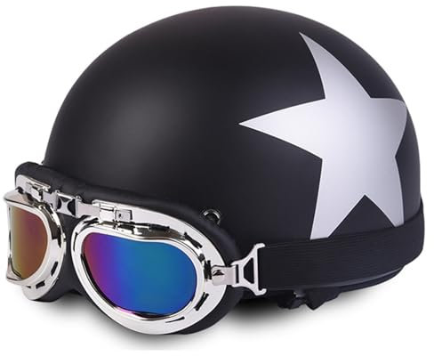 Halbschalenhelm ECE Zertifizierung Retro Brain-Cap Halbschale Helm Jethelm,Scooter-Helm Fahrradhelm,mit Schutzbrille Motorrad Half Helm für Damen Herren Erwachsene H,54-60CM