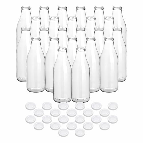 gouveo 24er Set Saftflasche 1000 ml mit Schraubdeckel weiß - Große Glasflasche 1 Liter mit TO48 Verschluss - Leere Flasche zum Befüllen (CNSF1000W)
