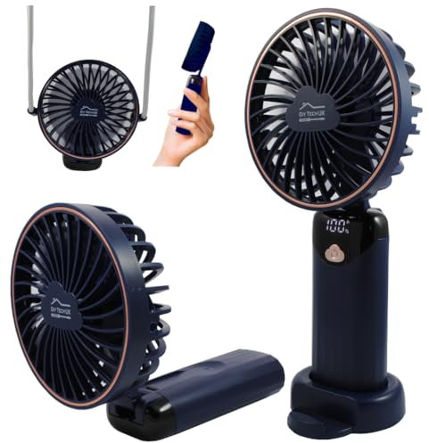 DIY TECH UK - CoolBlast Max - 4 in 1 Handheld Rechargeable Fan - 5 Speed with LED Display - Hand Held Folding Portable Fan - USB Battery Powered Mini Foldable Desktop Desk For Home Office Bedroom Blue