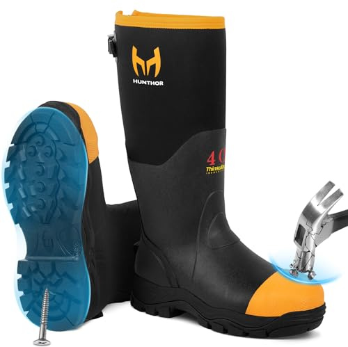 Hunthor Rubber Work Boots for Men with Steel Toe, 400g Insulated, 1100N Puncture-Proof Hunting Boots with 7mm Neoprene Waterproof and EVA Midsole, Back Gusset, Ideal for Work,Farming Fishing Size 11 Orange