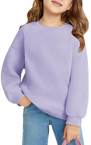 Haloumoning Sudadera para niña de cuello redondo de gran tamaño, ligera, deportiva, manga larga, monocolor, básica, manga larga, tops 5-14 años, morado, 11-12 años
