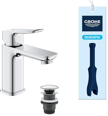 GROHE Dice Lever Basin Mixer Tap with Pop-Open Waste Set (S-Size 152 mm, 28 mm Ceramic Cartridge, Water & Energy Saving, Tails 3/8 Inch, Easy to Fit with the Included QuickTool), Chrome, 1018610000