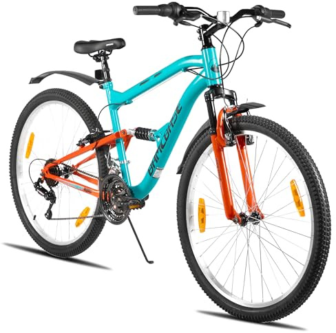 HILAND BAMCBASE mountainbike 26 tum dubbel upphängning - MTB 18-växlad med V-bromsar fram och bak, kraftig stålram, unisex, blå