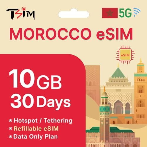 TSIM Maroc eSIM 30 Jours | 10 Go de données Haut débit | Activation Automatique | Partage de Connexion | QR Code eSIM envoyé par e-Mail sous 24 h | Données Uniquement.
