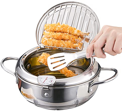 Pentola per Friggere,Friggitrice Tempura in Acciaio Inossidabile 304,Pentola friggitrice Giapponese,Coppa Olio con Termometro e Coperchio della Griglia Antigoccia