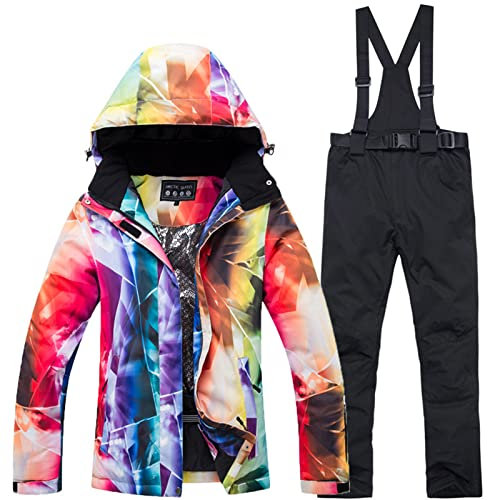 WYOUTDOOR Tuta da Sci da Donna Inverno Giacca E Pantaloni da Sci Colorato Snowboard Completo Giacca E Pantalone con Bretelle Tuta da Sci Impermeabile con Cappuccio Giacca Tuta da Neve,Nero,L