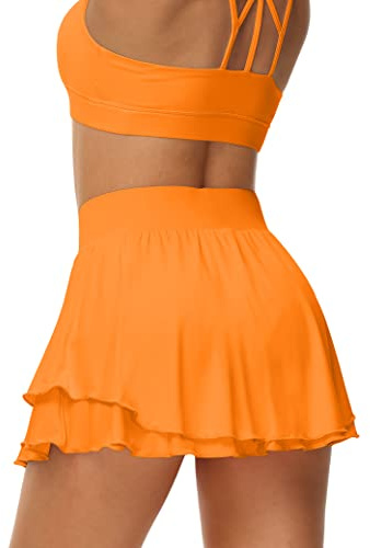 UrKeuf - Gonna da Tennis Atletica da Donna con Tasche, 33 cm, con Volant, Golf, Corsa, Allenamento, Seta ghiacciata, Gonna Confortevole con Pantaloncini Sportivi, Arancione, M