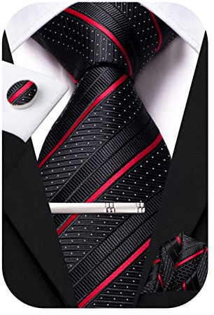 Hi-Tie Juego de corbatas de seda para hombre, lisas, con estampado Paisley y a rayas, con bolsillo cuadrado, gemelos, pinza para corbata, set de corbata, Negro y rojo., M