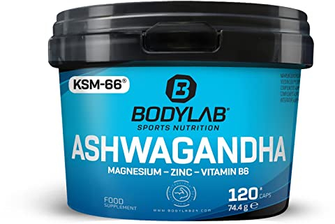 Bodylab24 Ashwagandha Kapseln 120 Stück, fein gemahlenes Ashwagandha Pulver angereichert mit Magnesium, Zink und Vitamin B6, 100% vegan