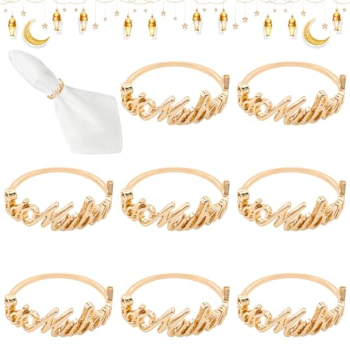 TOPJOWGA Bismillah Serviettenringe Gold, 8 Stück Eid Mubarak Letter Metall Serviettenring Set, Serviettenschnallen Tischdekoration, Alphabet Serviettenschnallen Halter für Ramadan Party