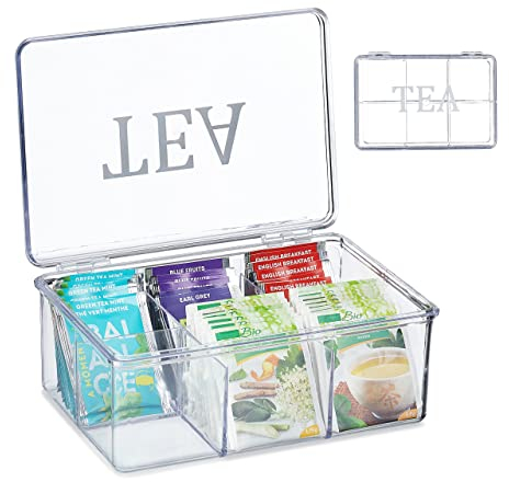 Relaxdays Teebox, Kunststoff, 6 Fächer, Teekasten mit Deckel, HBT: 9 x 21,5 x 15 cm, Teebeutel Aufbewahrung, transparent