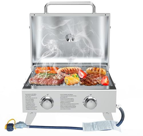 BBQCuker Barbecue à gaz propane portable à 2 brûleurs avec pieds pliables pour le camping en plein air, cuisine, deux brûleurs de 10 000 BTU en acier inoxydable et thermomètre intégré style chef